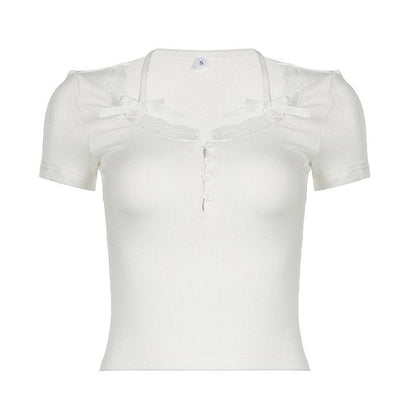 Short sleeve lace hem ribbed bowknot button crop top