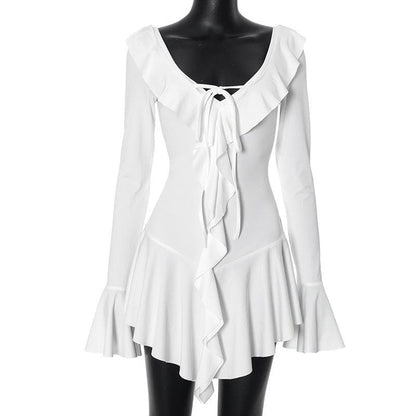 Long flared sleeve ruffle v neck mini dress