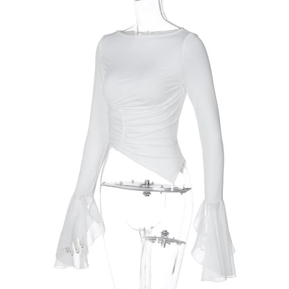 Long flared sleeve crewneck irregular solid top