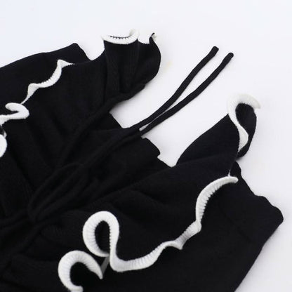 Long flared sleeve ruffle v neck self tie ruched top
