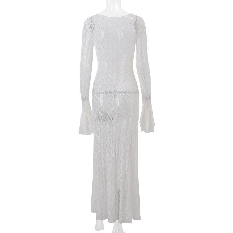 Long flared sleeve lace see through maxi dress