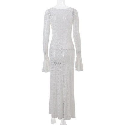 Long flared sleeve lace see through maxi dress