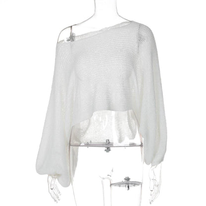 Long puff sleeve knitted one shoulder see through top