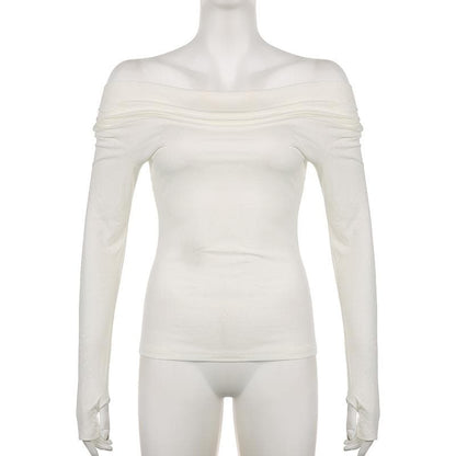 Long sleeve off shoulder ruched solid gloves top