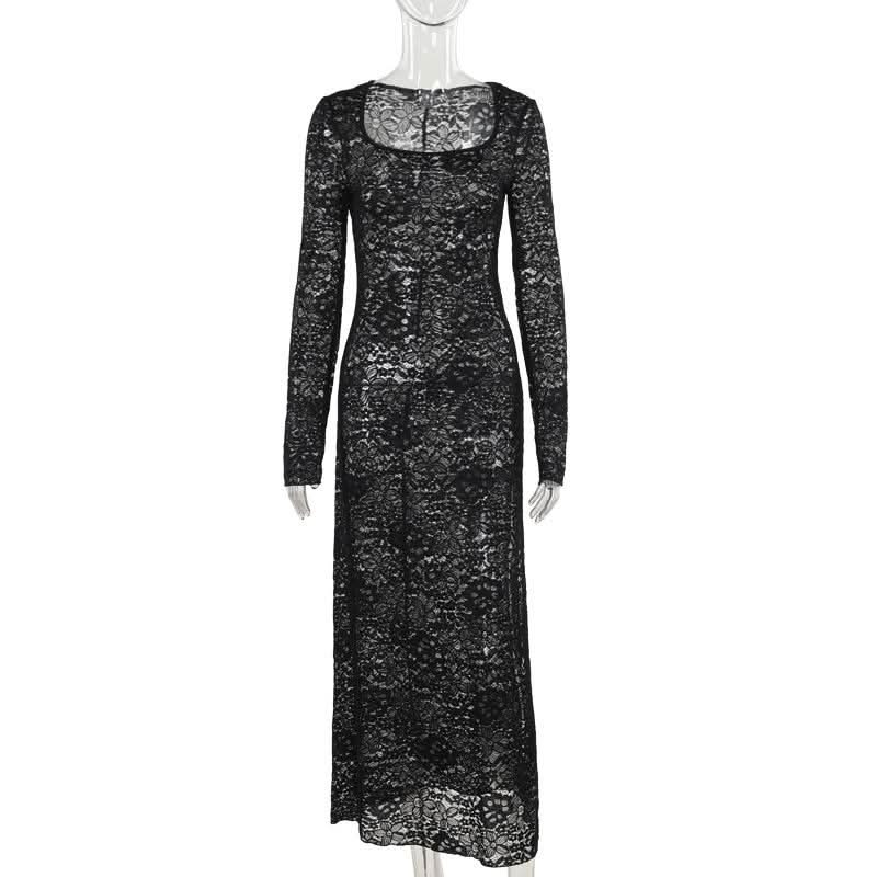 Long sleeve u neck lace slit maxi dress