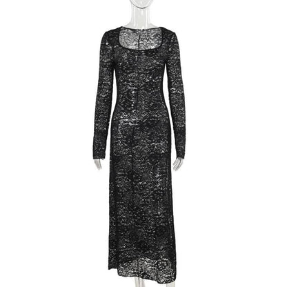 Long sleeve u neck lace slit maxi dress