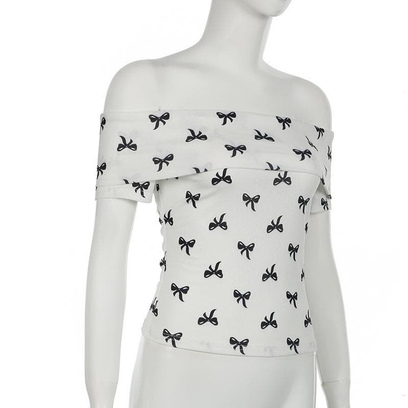 Off shoulder bowknot ribbed print top