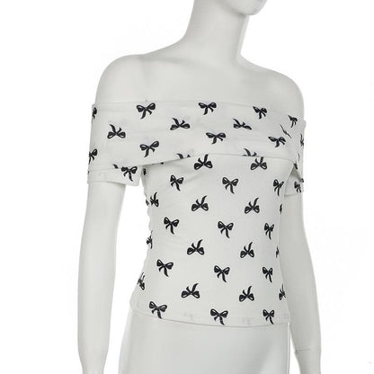 Off shoulder bowknot ribbed print top