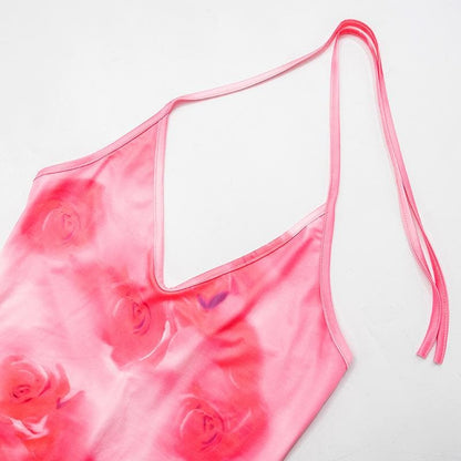 Halter rose print u neck backless self tie maxi dress