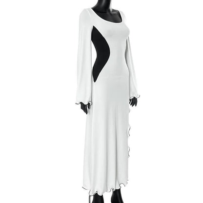 Long flared sleeve u neck slit ruffle maxi dress