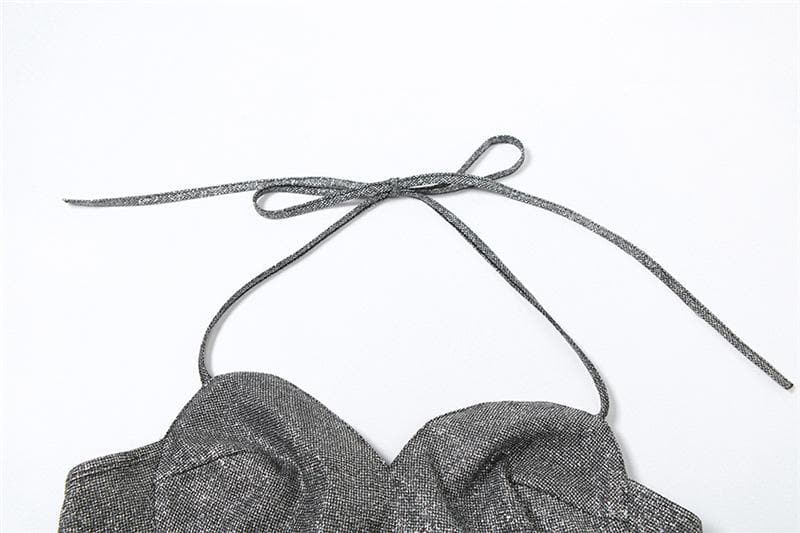 Halter backless zip-up beaded sweetheart neck crop top