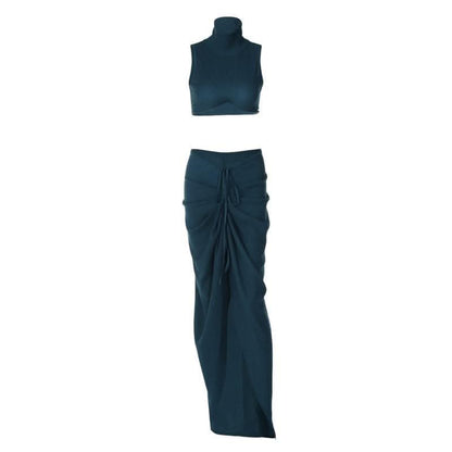 Slit textured sleeveless high neck ruched solid maxi skirt set-final-sale