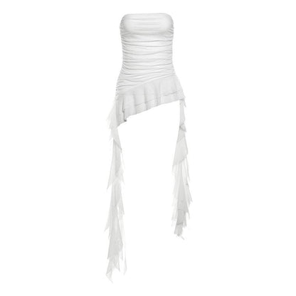 Ruffle mesh ruched irregular solid tube top