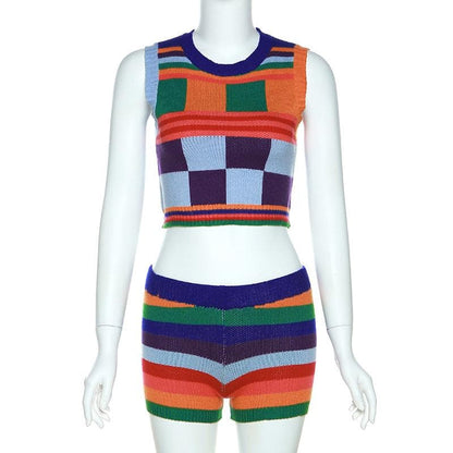 Sleeveless crewneck plaid knitted contrast pant set