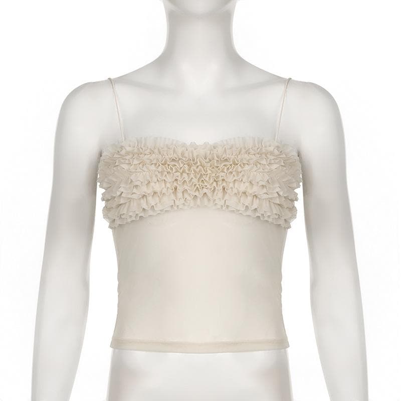 Ruched ruffle sheer mesh cami top