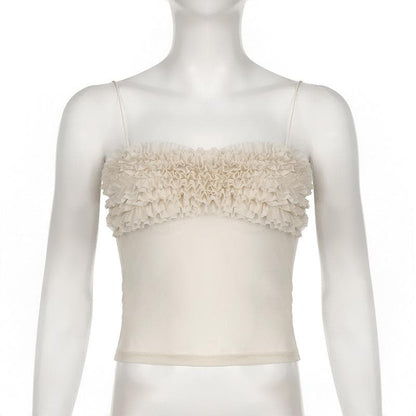 Ruched ruffle sheer mesh cami top