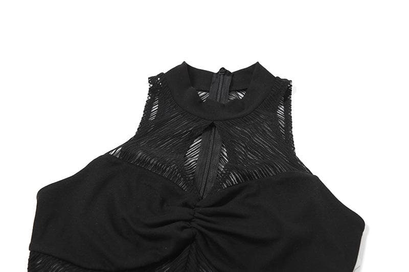 High neck ruched hollow out mesh zip-up tank cut out top