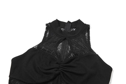 High neck ruched hollow out mesh zip-up tank cut out top