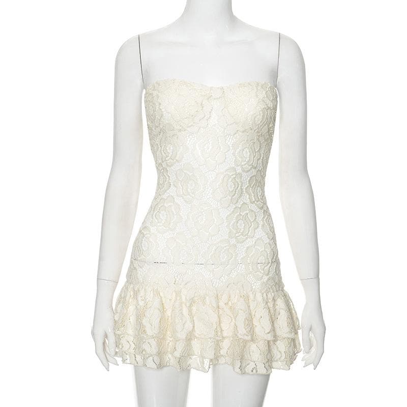 Lace ruffle sweetheart neck tube mini dress