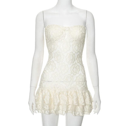 Lace ruffle sweetheart neck tube mini dress