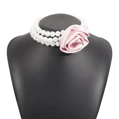 Rose decor faux pearl layered necklace