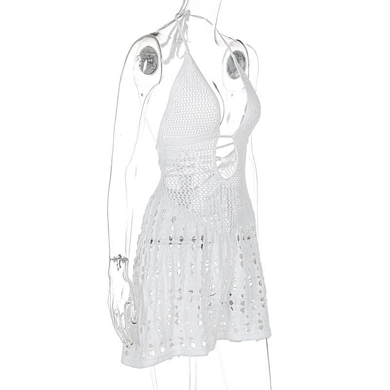 Halter knitted deep V neck see through mini dress