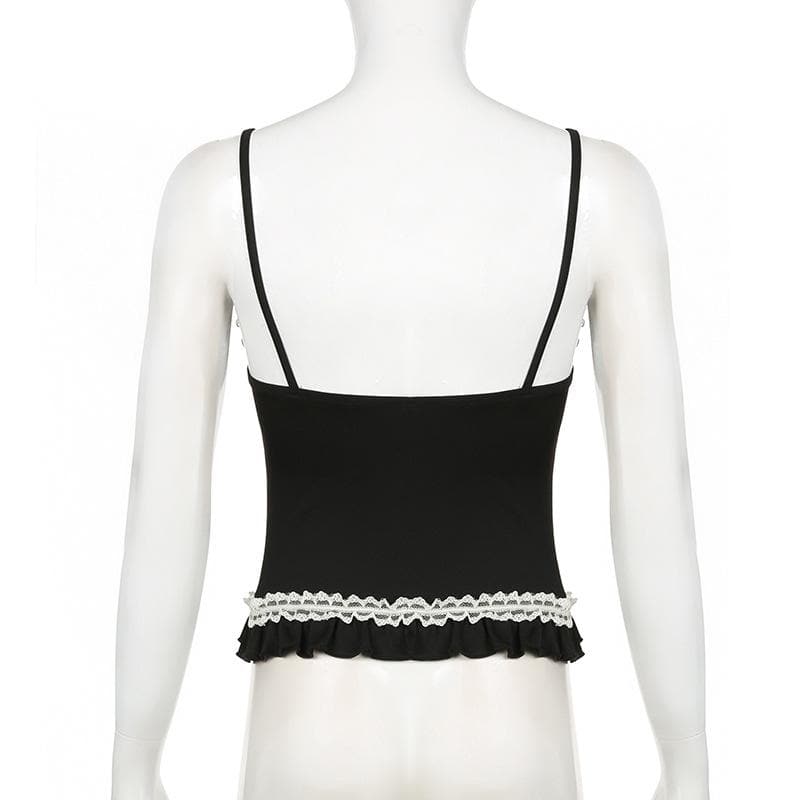 Lace hem ruffle bowknot contrast cami top