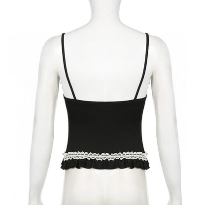 Lace hem ruffle bowknot contrast cami top