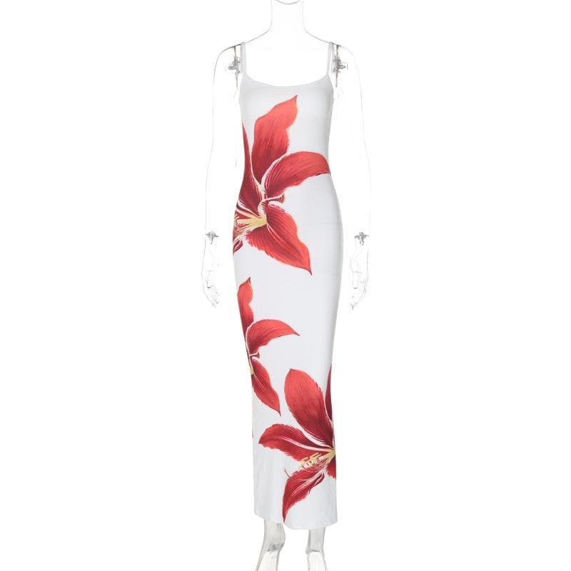 Flower print slit contrast cami maxi dress