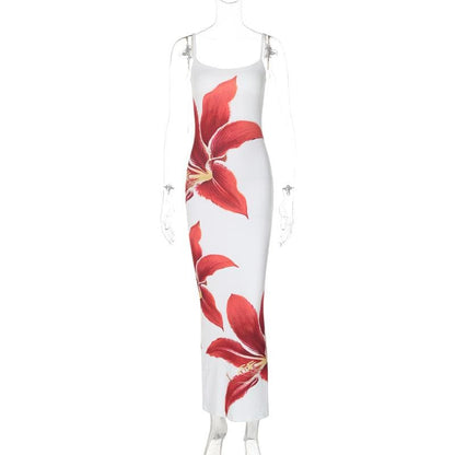 Flower print slit contrast cami maxi dress