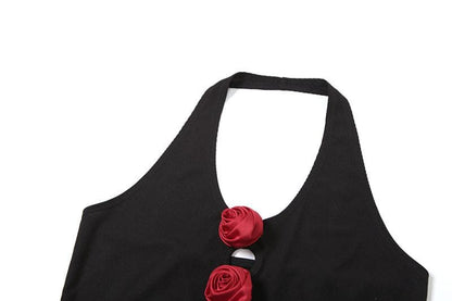 Halter u neck flower applique hollow out crop cut out top