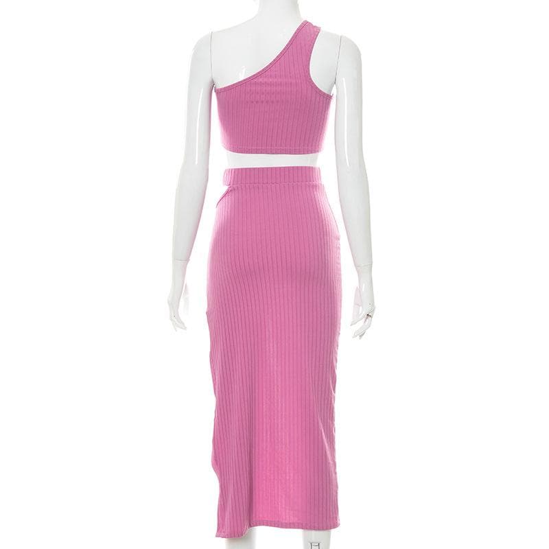 Ribbed solid one shoulder hollow out slit irregular cut out midi dress