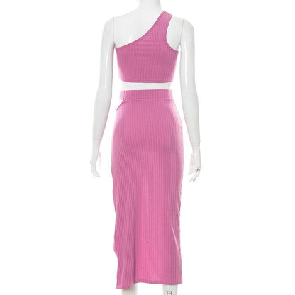 Ribbed solid one shoulder hollow out slit irregular cut out midi dress