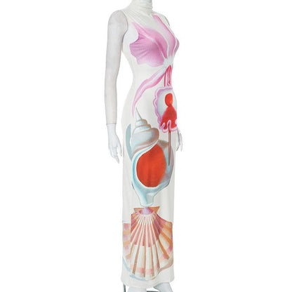 Abstract contrast print high neck sleeveless slit maxi dress