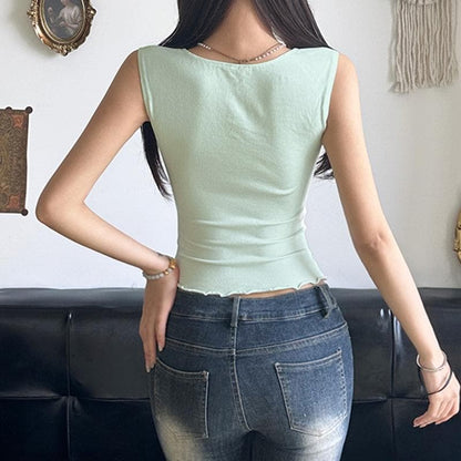Ruffle ribbed bowknot solid ruched top