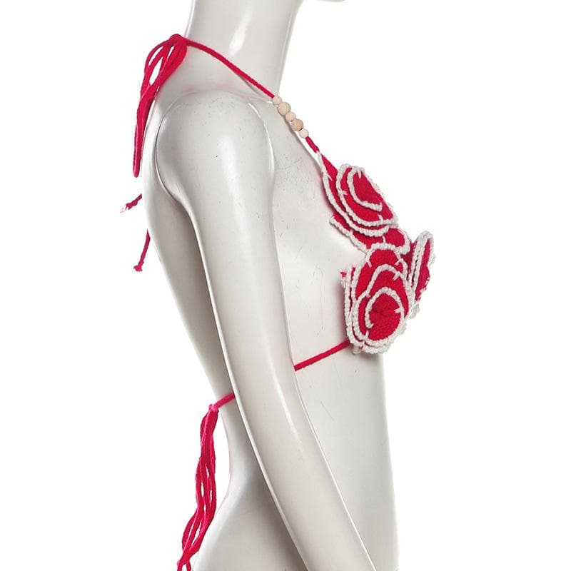 Flower applique beaded v neck self tie bra top