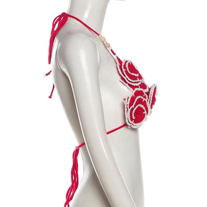 Flower applique beaded v neck self tie bra top