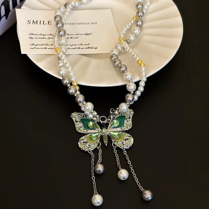 Green butterfly faux pearl choker necklace
