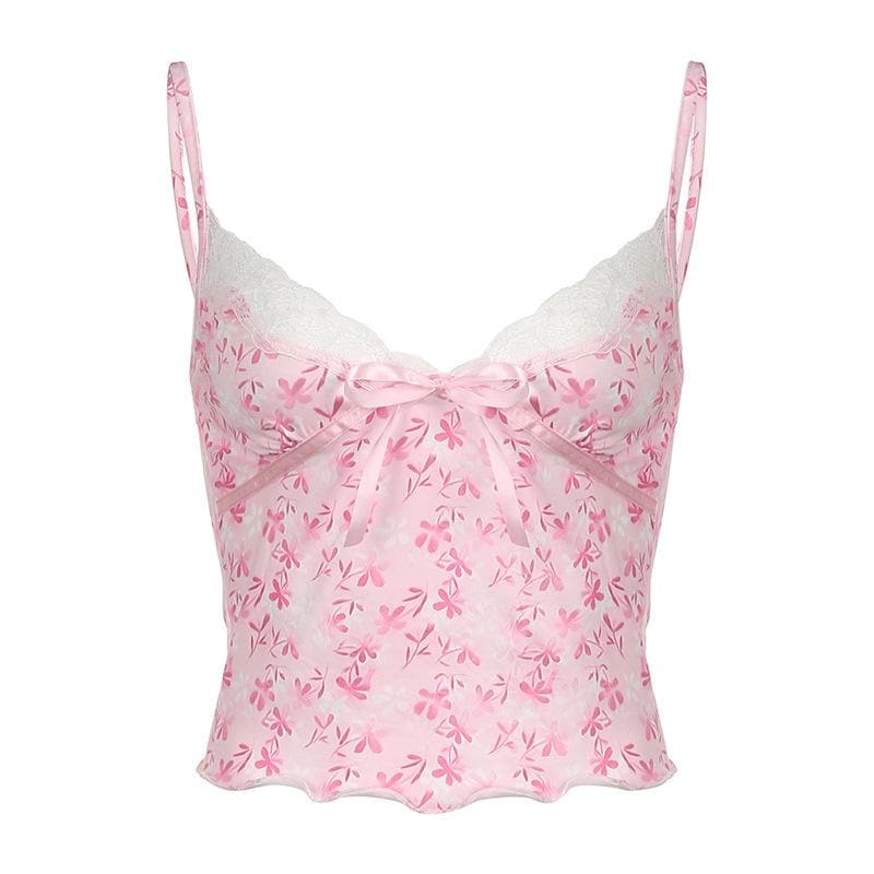 V neck bowknot lace hem ruffle print cami top