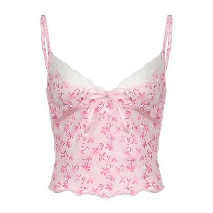 V neck bowknot lace hem ruffle print cami top