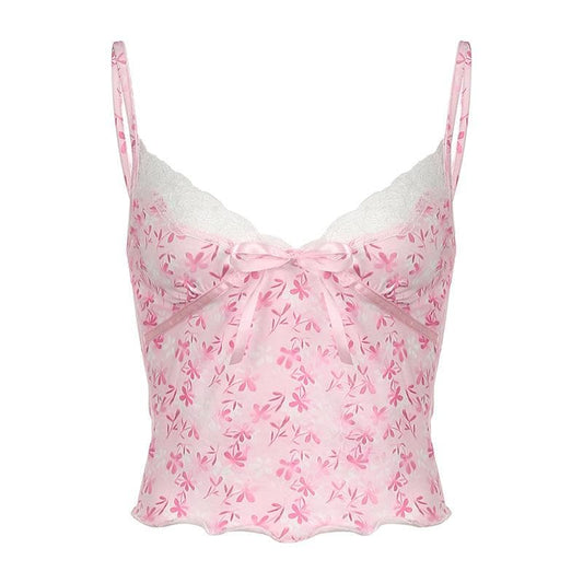 V neck bowknot lace hem ruffle print cami top