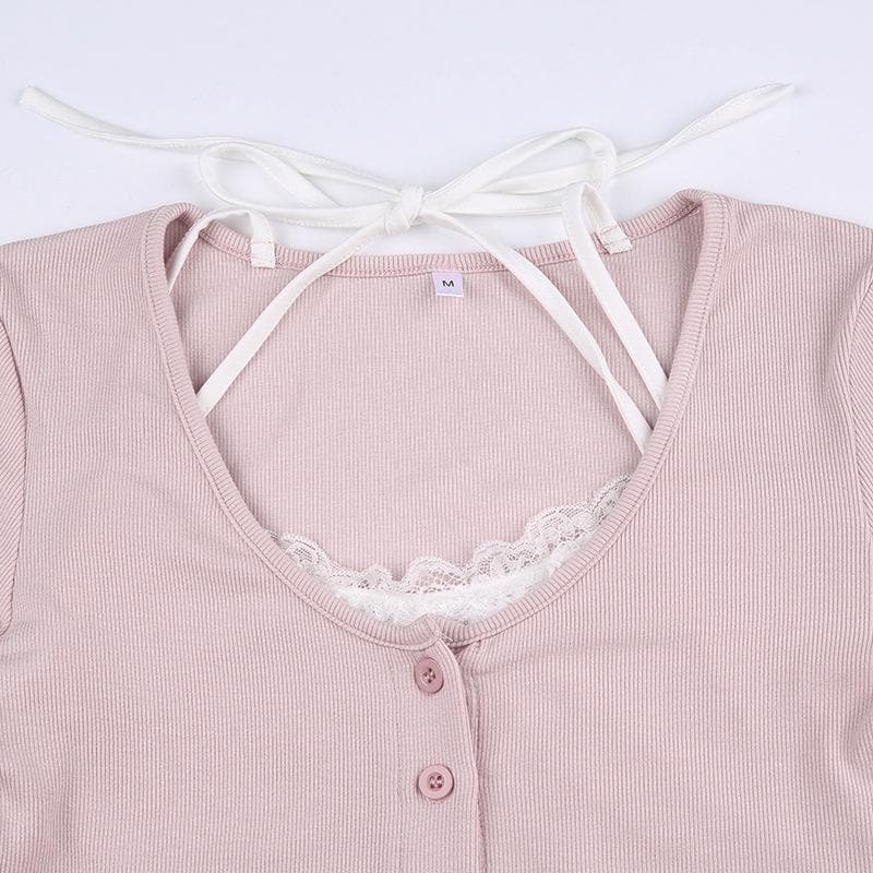 Long sleeve halter contrast lace hem self tie button crop top