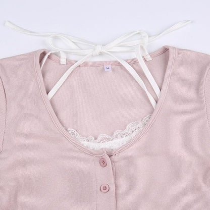 Long sleeve halter contrast lace hem self tie button crop top