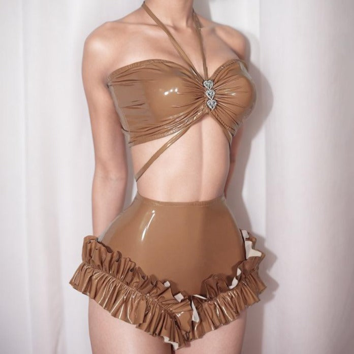 PU leather ruffled halter heart button pant set
