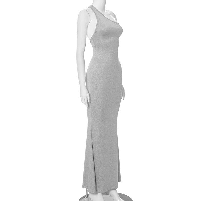 One shoulder solid backless maxi dress
