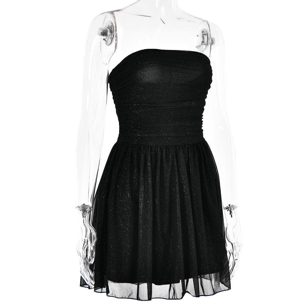 Ruched backless glitter mesh tube mini dress