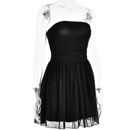 Ruched backless glitter mesh tube mini dress