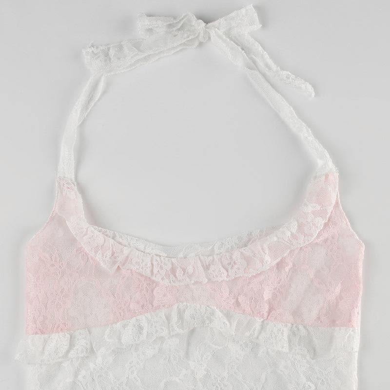 Halter u neck lace hem ruffle top