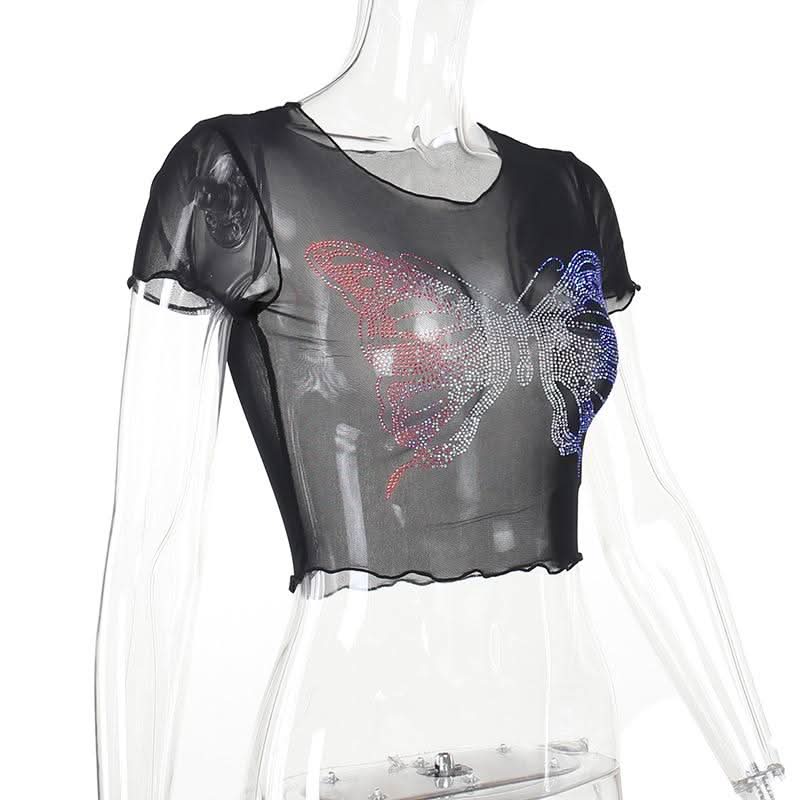 Round neck short sleeve butterfly pattern beaded crop top
