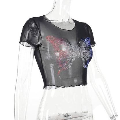 Round neck short sleeve butterfly pattern beaded crop top